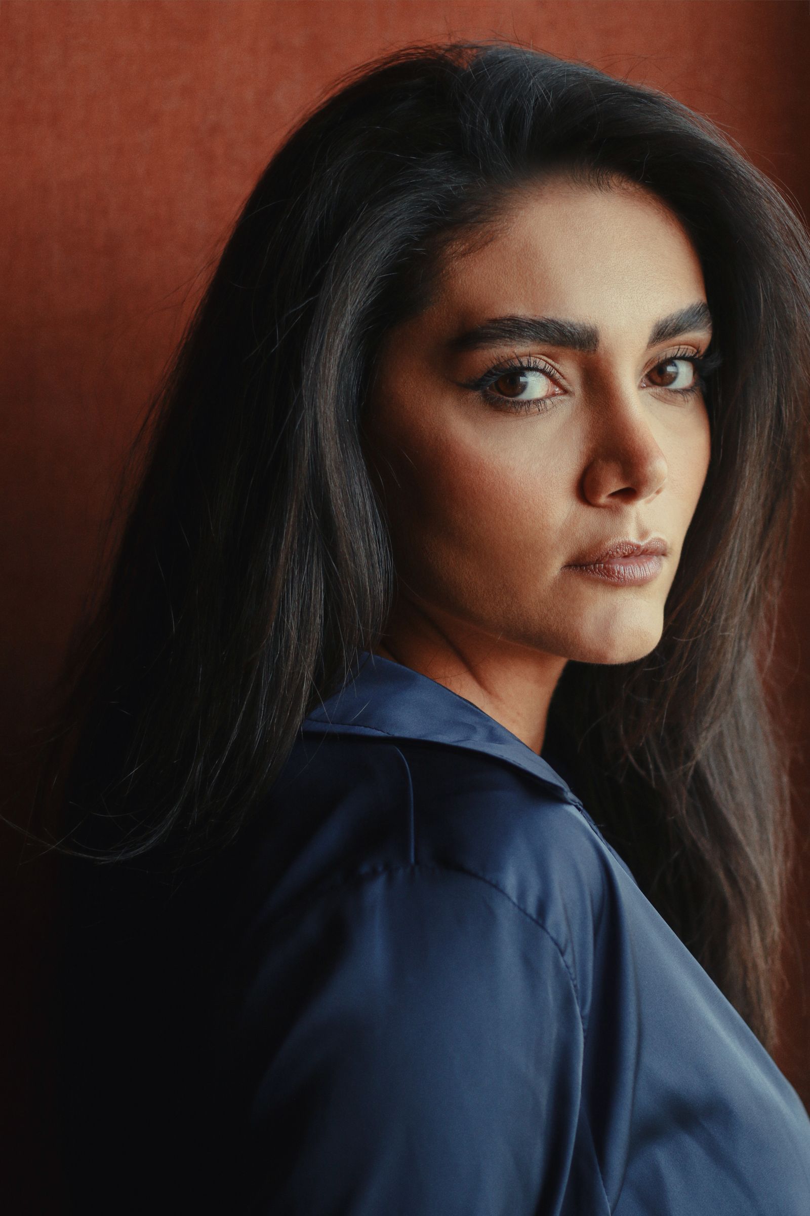 Beauty portrait with softly styled hair and defined brows
